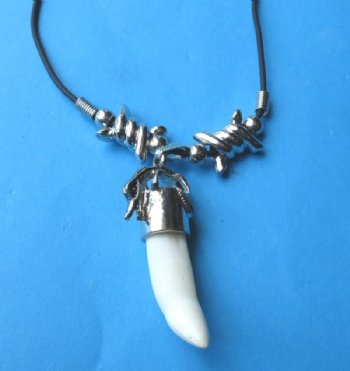 20 inches Real Alligator Tooth Necklaces <font color=red> Wholesale</font> with 3/4 to 1-1/2 inches Gator Tooth and Twisted Silver Wire Beads - 24 @ $4.50 each