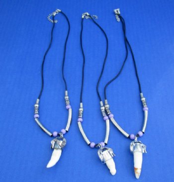  Alligator Tooth Necklace with Violet Beads and Open Silver Tube Beads <font color=red> Wholesale</font> and 1/2 to 1-1/2 inches Gator Tooth - 24 @ $4.50 each
