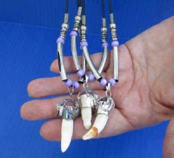  Alligator Tooth Necklace with Violet Beads and Open Silver Tube Beads <font color=red> Wholesale</font> and 1/2 to 1-1/2 inches Gator Tooth - 24 @ $4.50 each