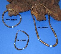 18 inches Brown Coconut Beads Necklaces with Blue Beads and Clam Shell Beads in Bulk - Pack of 12 @ $1.70 each
