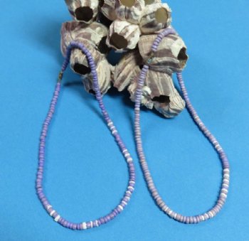 18 inches Light, Pastel Purple Coconut Beads with White Puka Shells Necklaces <font color=red> Wholesale</font> -6 dozen @ $16.20 a dozen