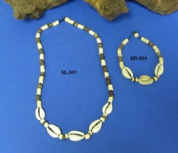 18 inches Cowrie Shell Necklace with Tan and Brown Coconut Beads <font color=red> Wholesale</font> - 9 dozen @ $10.80 a dozen