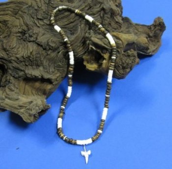 Shark Tooth Necklaces with Brown Coconut and White Clam Shell Beads <FONT COLOR=RED> Wholesale</font> 18 inches - 60 @ $2.25 each