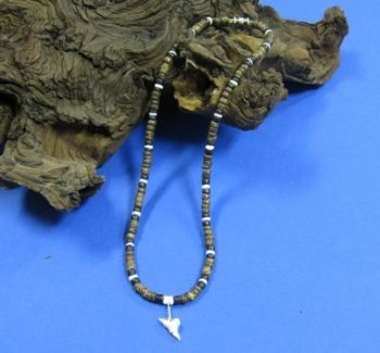 18 inches Authentic Shark Tooth Necklaces with Brown Coconut Beads <FONT COLOR=RED> Wholesale</font> - 60 @ $2.25 each