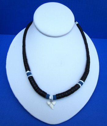 Black Coconut and Blue Beads Shark Tooth Necklaces <font color=red> Wholesale</font> 18 inches - 60 @ $2.70 each