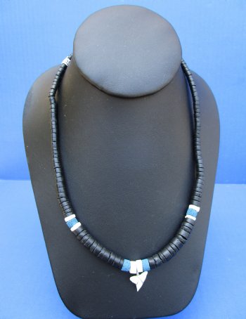 Black Coconut and Blue Beads Shark Tooth Necklaces <font color=red> Wholesale</font> 18 inches - 60 @ $2.70 each