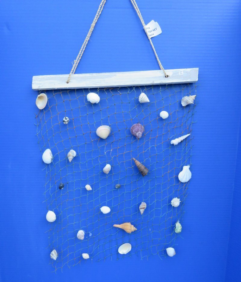 16 by 21 inches Hanging Fish Net Wall Decor with Tiny and Small Shells