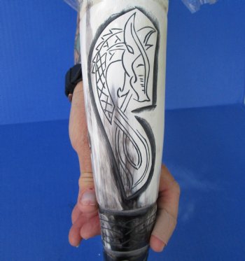Spiral Carved Buffalo Horns <font color=red> Wholesale</font> with Rope Design and Carved Dragon (15"/18") - 8 @ $16.20 each