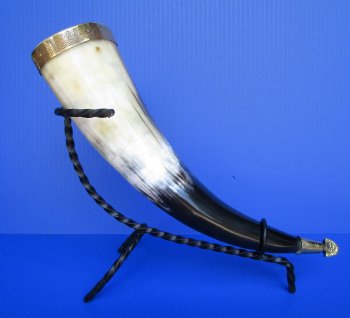 12 to 15 inches Decorative Drinking Horns with Embossed Brass Trim, Gold Finial and Black Metal Stands <font color=red> Wholesale</font> - 10 @ $9.90 each