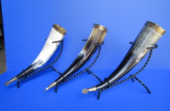 12 to 15 inches Decorative Drinking Horn with Embossed Brass Trim, Gold Finial and Black Rod Iron Horn Stand - $14.99 each