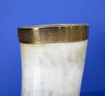 12 to 15 inches Decorative Drinking Horn with Embossed Brass Trim, Gold Finial and Black Rod Iron Horn Stand - $14.99 each