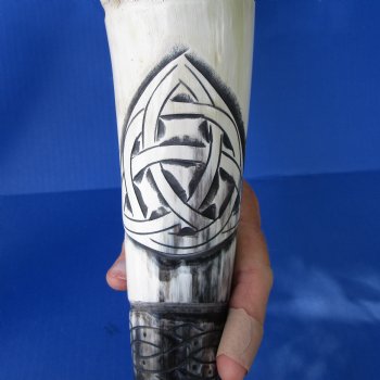 Spiral Carved Buffalo Horns with Carved Dragon and Medallion <font color=red> Wholesale</font> 12 to 15 inches - 8 @ $12.60 each