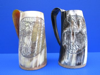 6 inches Carved Pegasus Buffalo Horn Beer Mug (carved flying horse) (15 to 16 ounces) - $39.99 each; 2 @ $39.99 each