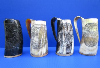 6 inches Carved Pegasus Buffalo Horn Beer Mug (carved flying horse) (15 to 16 ounces) - $39.99 each; 2 @ $39.99 each