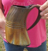 16 ounces Rustic Half Carved, Half Buffed Buffalo Horn Beer Mugs <font color=red> Wholesale</font> 6 inches - 8 @ $20.70 each