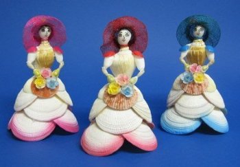 Seashell Doll Wearing a Straw Hat in Blue, Pink and Red - 2 @ $6.40 each; 6 @ $5.75 each
