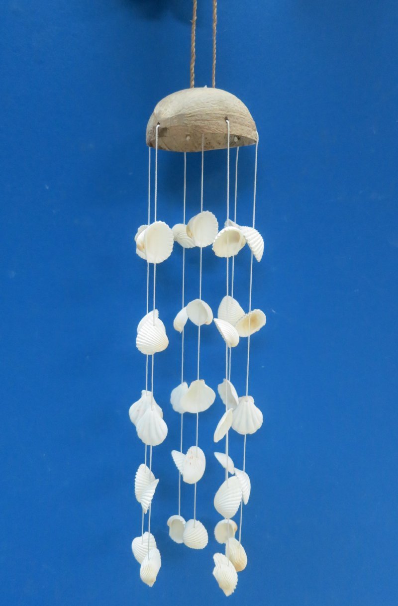 19 inches long Natural Coconut with White Cockle Shells Wind Chimes in Bulk