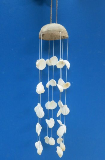 19 inches Natural Coconut with White Cockle Shells Wind Chimes - Packed  6 @ $4.35 each