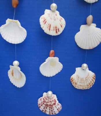 12 by 17 inches Hanging Pecten Shells with Brown Stones and White Pearls Wall Decor, Wind Chimes - 3 @ $6.95 each