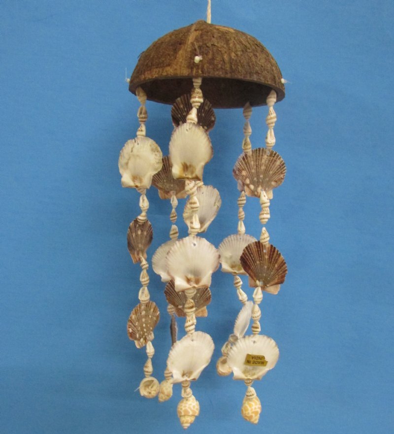 11 inches long Small Real Coconut with Pecten Shells, Babylonia Spirata and Natural Nassarius Seashells Wind Chimes - Packed 6 @ 4.35 each