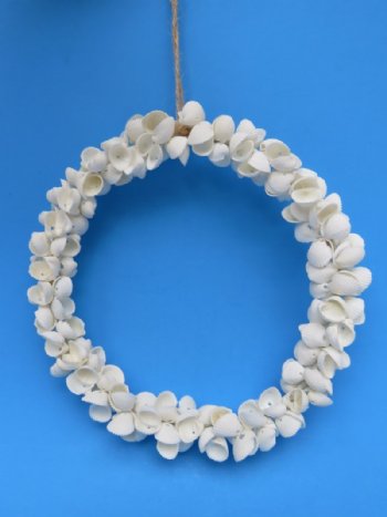 8 inches Round White Shell Wreath made with Tiny Ribbed Cockle Seashells - Bulk Case: 20 @ $4.50 each