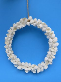 8 inches Round White Shell Wreath made with Tiny Ribbed Cockle Seashells - Bulk Case: 20 @ $4.50 each