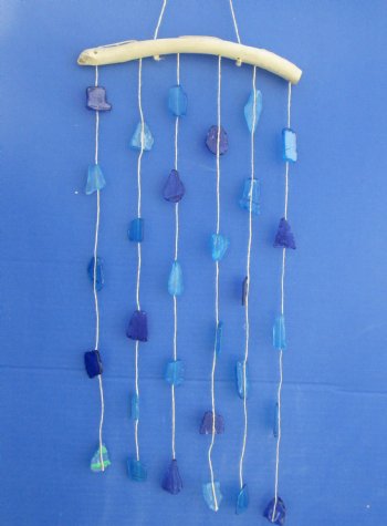17 inches Blue Sea Glass Wind Chimes on Driftwood <font color=red> Wholesale</font> - 48 @ $2.25 each